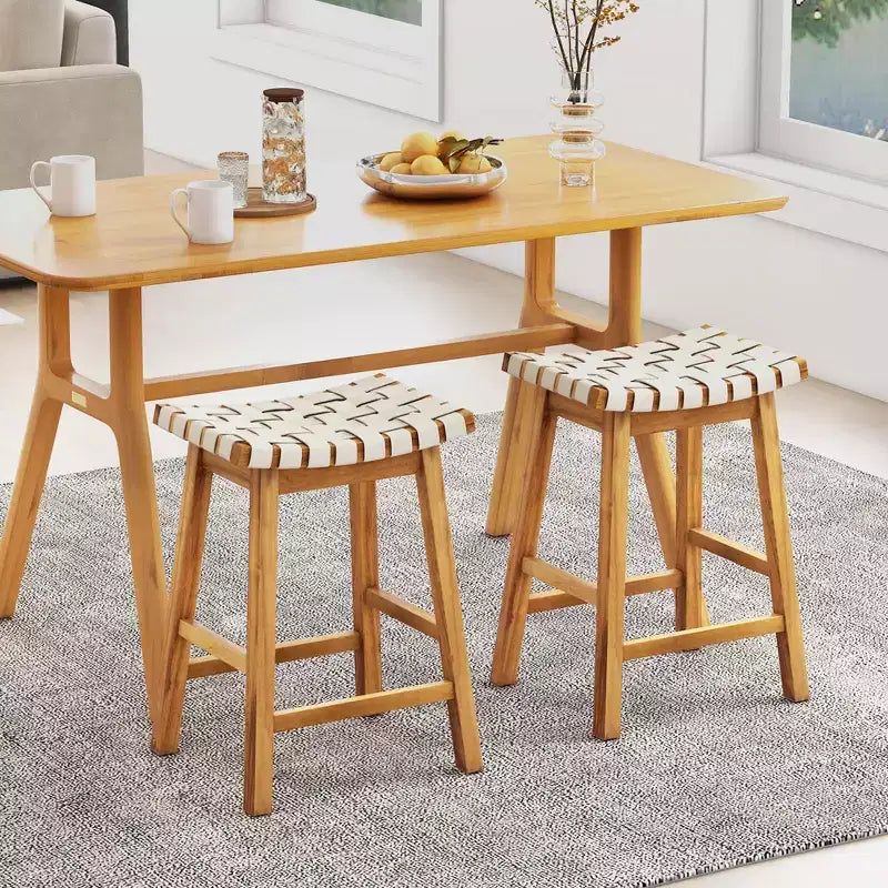 Sgabelli da Bar Sella Beige/Nero Set da 2, Sgabello da Bancone in Pelle PU Intrecciata