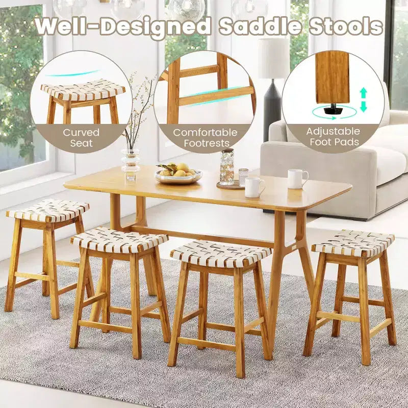 Sgabelli da Bar Sella Beige/Nero Set da 2, Sgabello da Bancone in Pelle PU Intrecciata