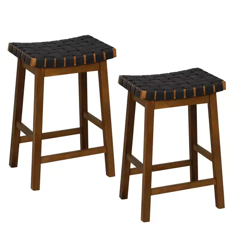 Sgabelli da Bar Sella Beige/Nero Set da 2, Sgabello da Bancone in Pelle PU Intrecciata
