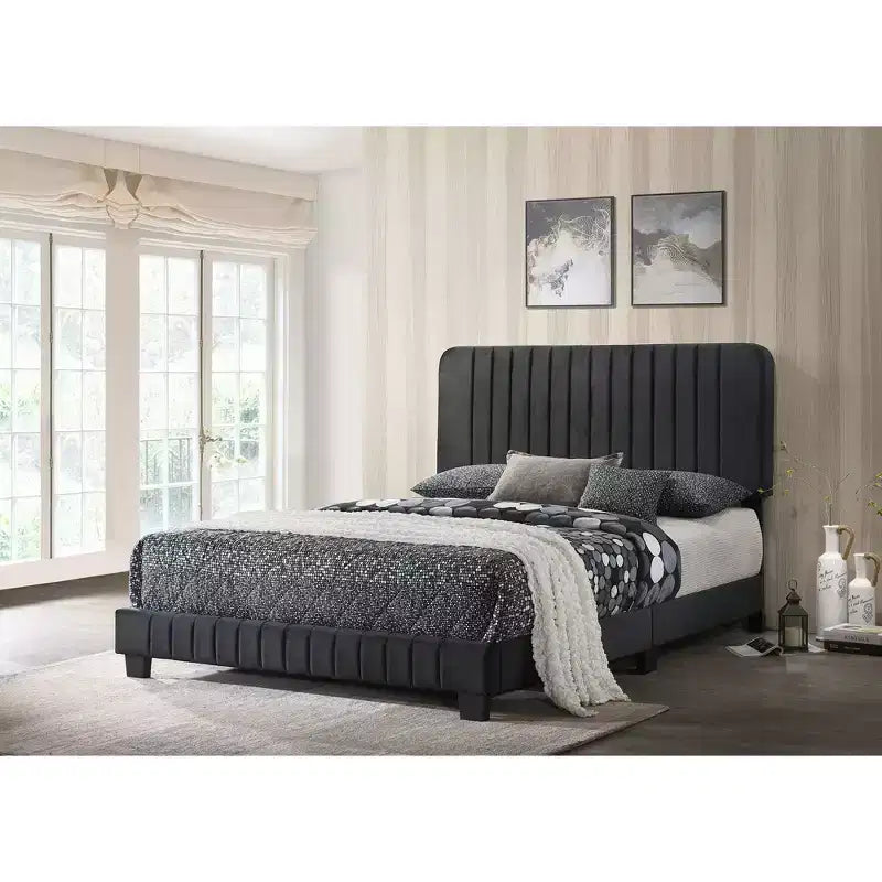Letto King in velluto trapuntato a canali nero/grigio per 2 persone