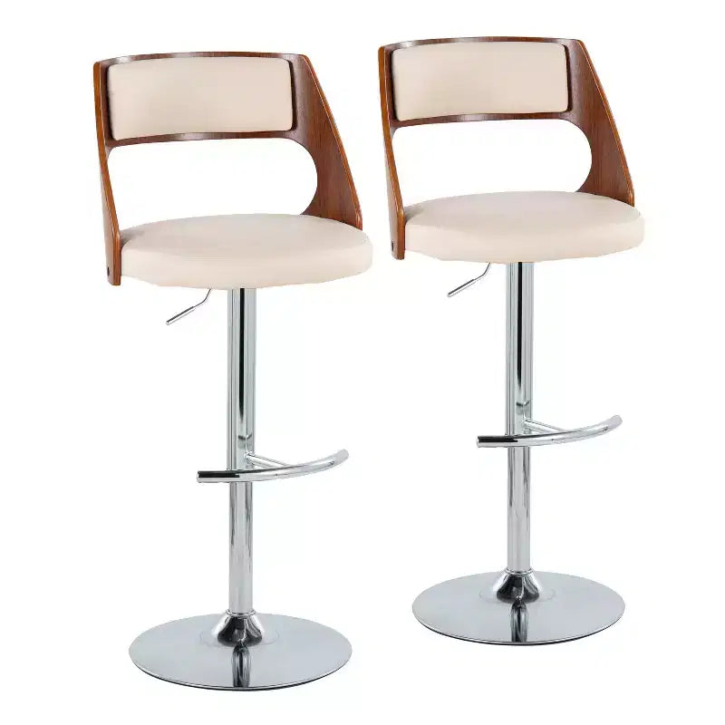 Sgabello da bar girevole regolabile in noce/marrone e noce/crema con schienale, set da 2