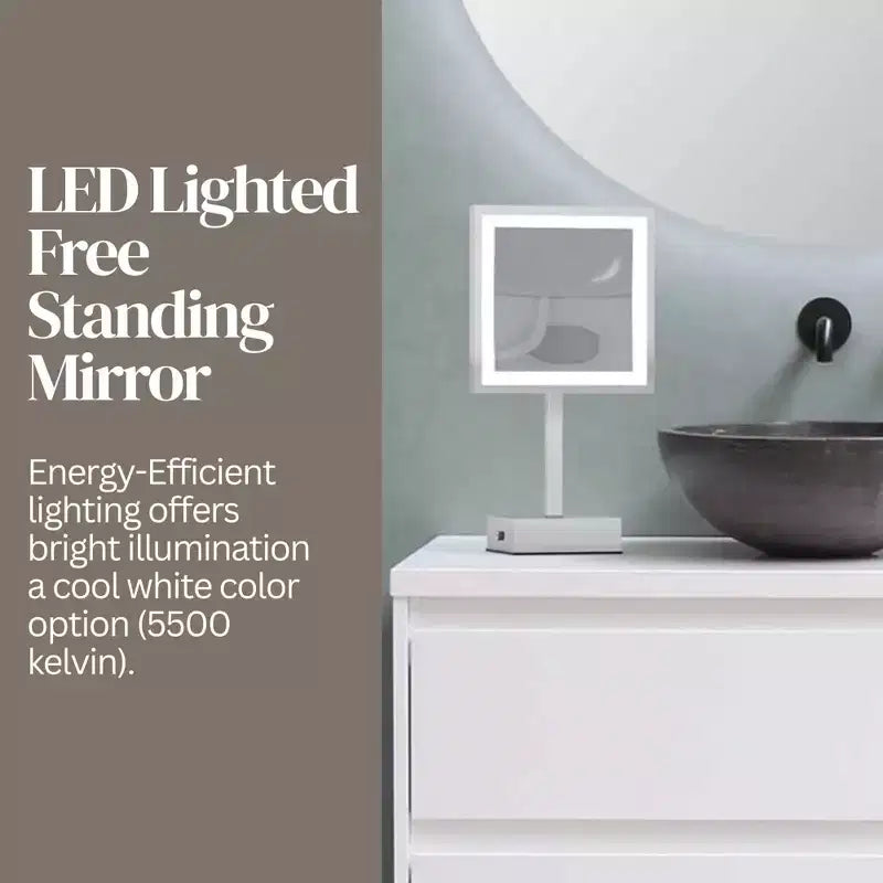 Specchio cosmetico a LED quadrato in nichel spazzolato, ingrandimento 3X, da tavolo, 1 persona