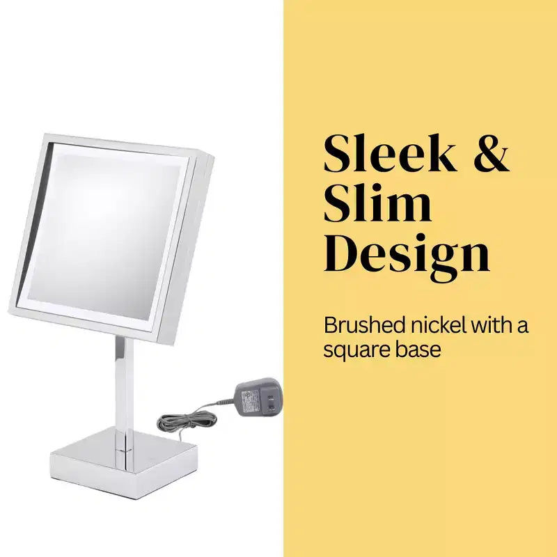 Specchio cosmetico a LED quadrato in nichel spazzolato, ingrandimento 3X, da tavolo, 1 persona