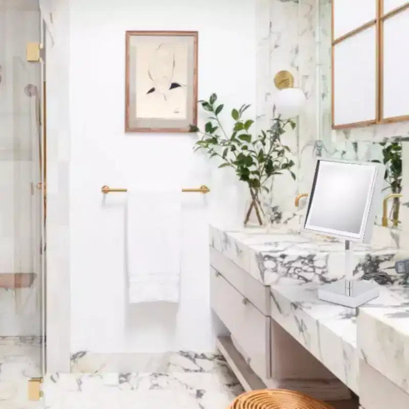 Specchio cosmetico a LED quadrato in nichel spazzolato, ingrandimento 3X, da tavolo, 1 persona
