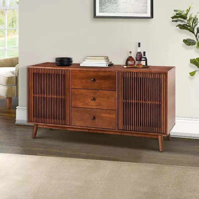 Credenza a 3 cassetti larga 147 cm con ante a doghe, Acorn/Walnut