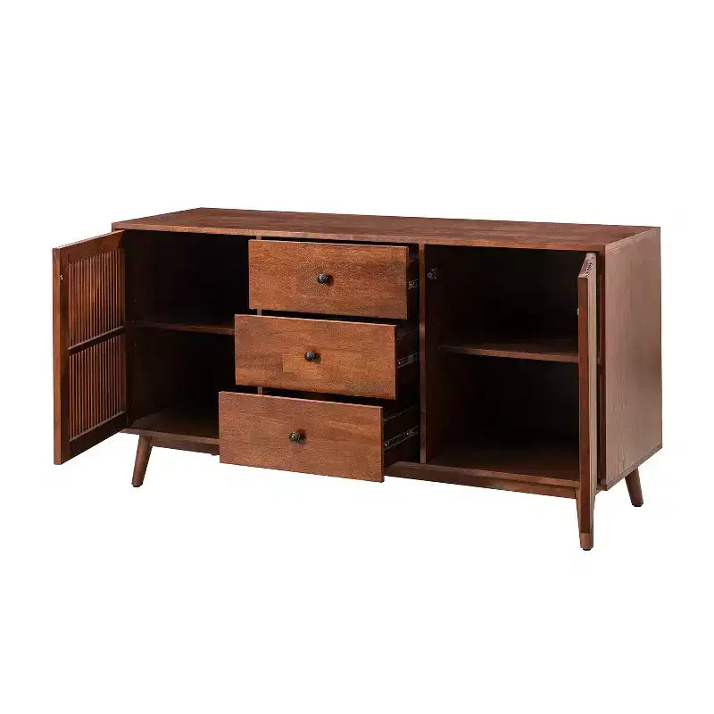 Credenza a 3 cassetti larga 147 cm con ante a doghe, Acorn/Walnut