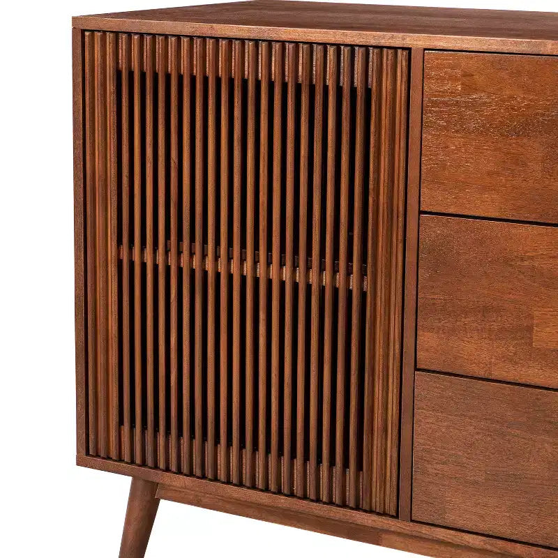 Credenza a 3 cassetti larga 147 cm con ante a doghe, Acorn/Walnut