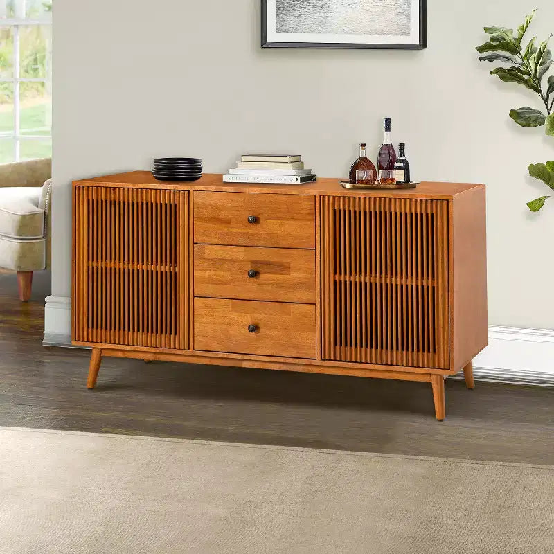 Credenza a 3 cassetti larga 147 cm con ante a doghe, Acorn/Walnut