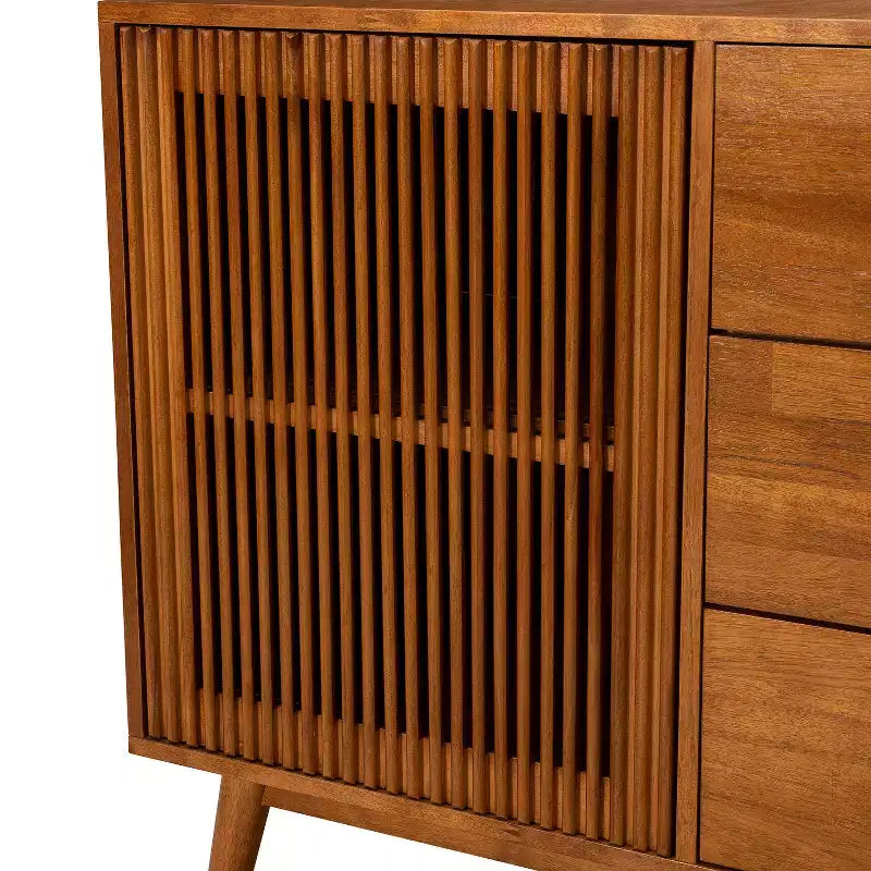 Credenza a 3 cassetti larga 147 cm con ante a doghe, Acorn/Walnut