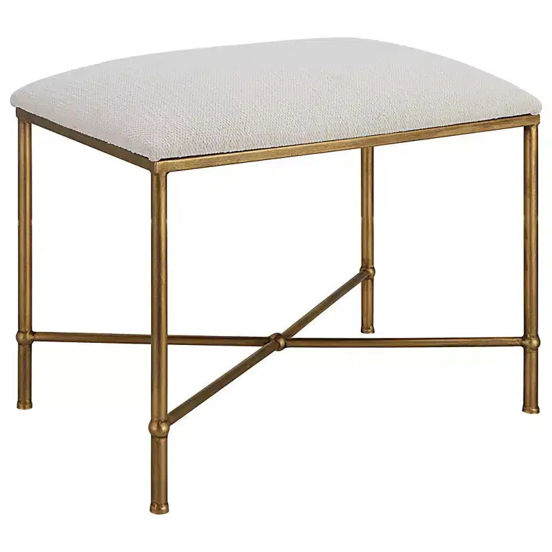 Panca di design a 1 posto con struttura in ferro oro anticato, stile incrociato a X, e rivestimento in tessuto poliestere bianco