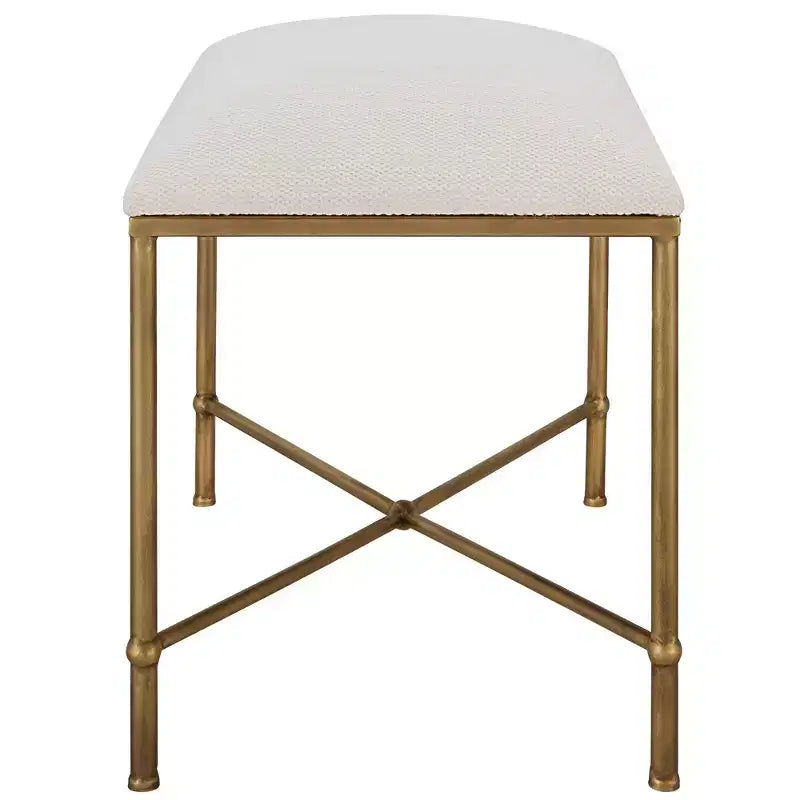 Panca di design a 1 posto con struttura in ferro oro anticato, stile incrociato a X, e rivestimento in tessuto poliestere bianco