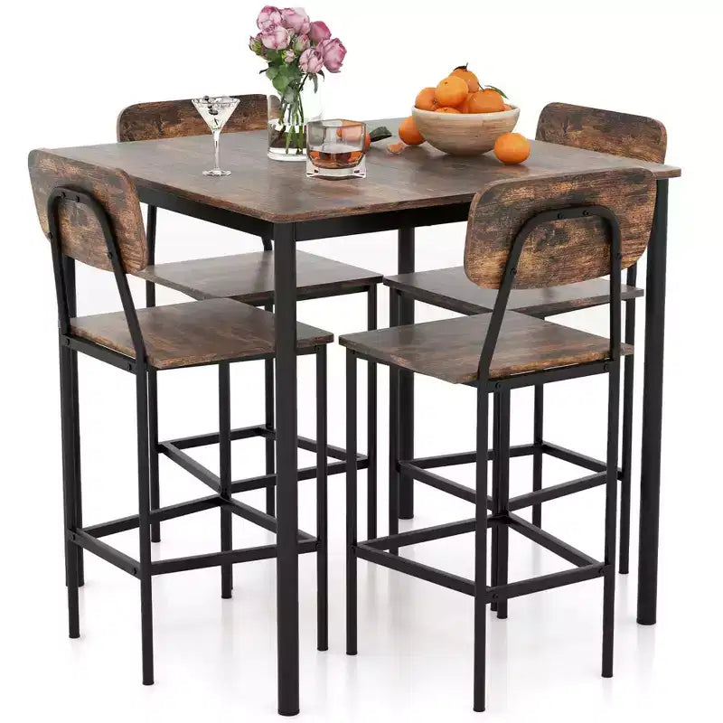 Set da pranzo 5 pezzi altezza bancone con tavolo e 4 sgabelli da bar – Nero / Marrone / Grigio / Noce, 4 posti a sedere