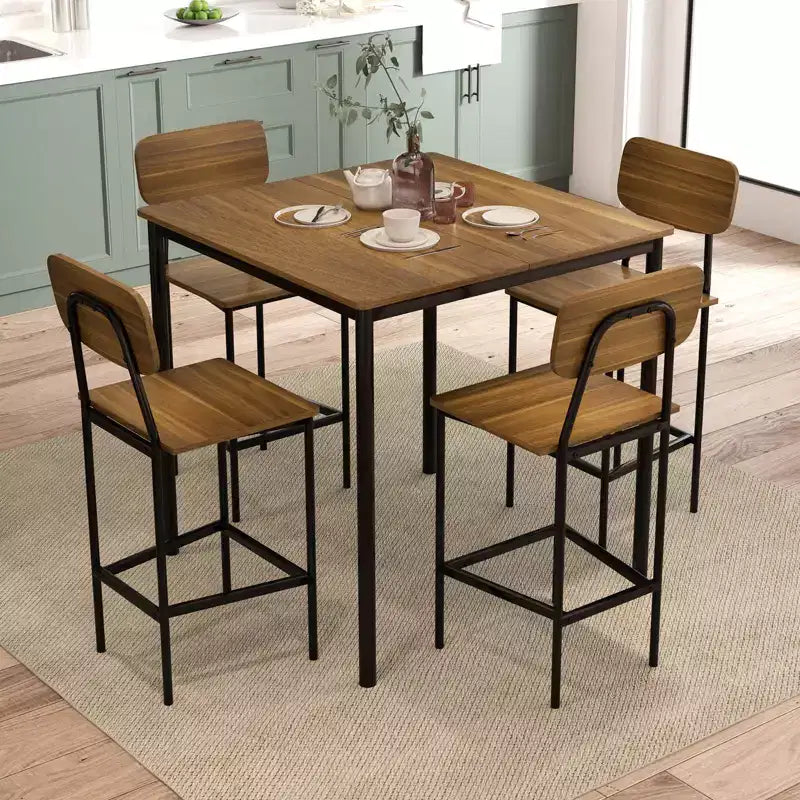 Set da pranzo 5 pezzi altezza bancone con tavolo e 4 sgabelli da bar – Nero / Marrone / Grigio / Noce, 4 posti a sedere
