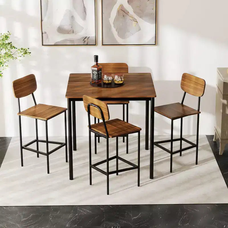 Set da pranzo 5 pezzi altezza bancone con tavolo e 4 sgabelli da bar – Nero / Marrone / Grigio / Noce, 4 posti a sedere