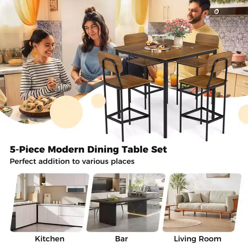 Set da pranzo 5 pezzi altezza bancone con tavolo e 4 sgabelli da bar – Nero / Marrone / Grigio / Noce, 4 posti a sedere
