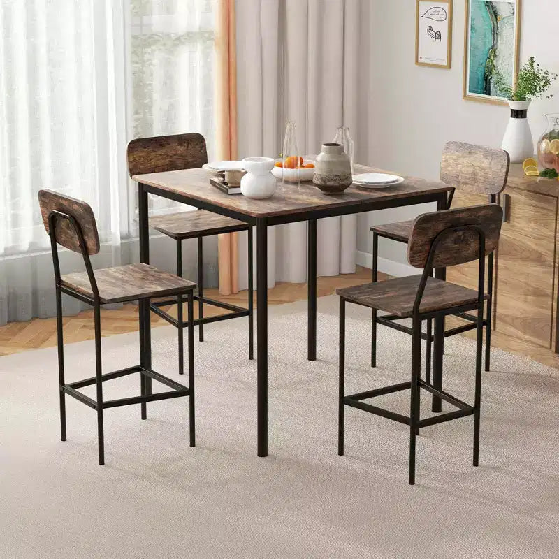 Set da pranzo 5 pezzi altezza bancone con tavolo e 4 sgabelli da bar – Nero / Marrone / Grigio / Noce, 4 posti a sedere