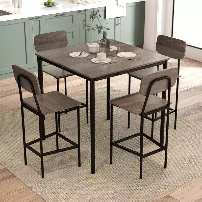 Set da pranzo 5 pezzi altezza bancone con tavolo e 4 sgabelli da bar – Nero / Marrone / Grigio / Noce, 4 posti a sedere