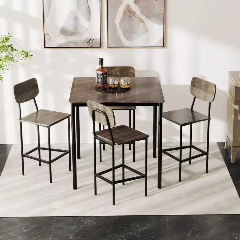 Set da pranzo 5 pezzi altezza bancone con tavolo e 4 sgabelli da bar – Nero / Marrone / Grigio / Noce, 4 posti a sedere