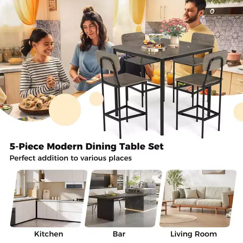 Set da pranzo 5 pezzi altezza bancone con tavolo e 4 sgabelli da bar – Nero / Marrone / Grigio / Noce, 4 posti a sedere