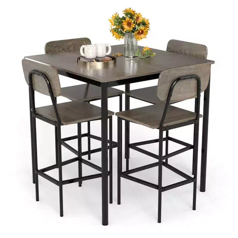 Set da pranzo 5 pezzi altezza bancone con tavolo e 4 sgabelli da bar – Nero / Marrone / Grigio / Noce, 4 posti a sedere