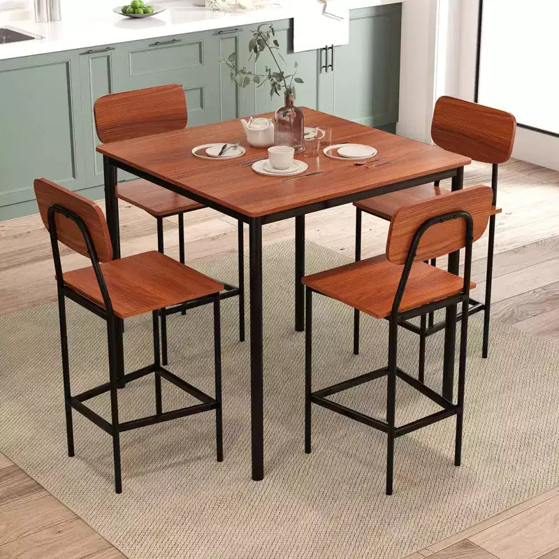 Set da pranzo 5 pezzi altezza bancone con tavolo e 4 sgabelli da bar – Nero / Marrone / Grigio / Noce, 4 posti a sedere