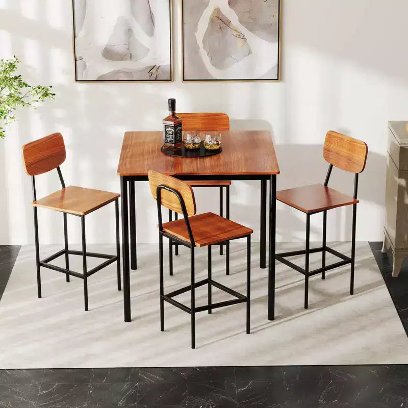Set da pranzo 5 pezzi altezza bancone con tavolo e 4 sgabelli da bar – Nero / Marrone / Grigio / Noce, 4 posti a sedere