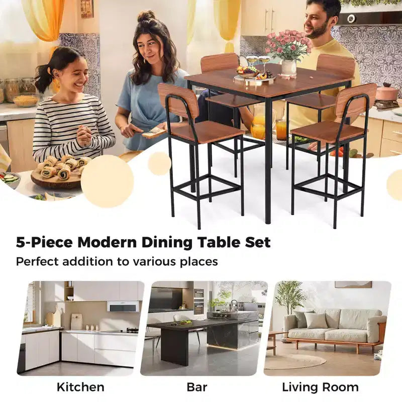 Set da pranzo 5 pezzi altezza bancone con tavolo e 4 sgabelli da bar – Nero / Marrone / Grigio / Noce, 4 posti a sedere