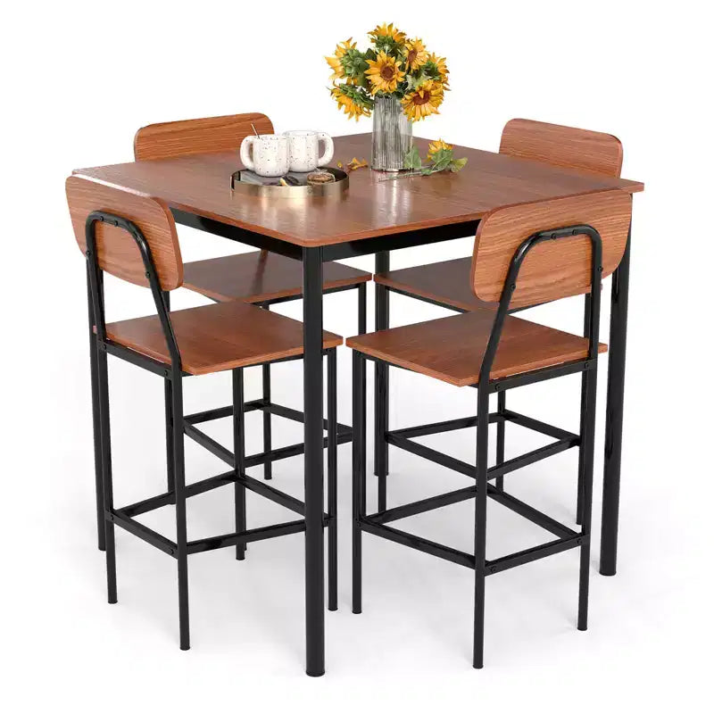 Set da pranzo 5 pezzi altezza bancone con tavolo e 4 sgabelli da bar – Nero / Marrone / Grigio / Noce, 4 posti a sedere