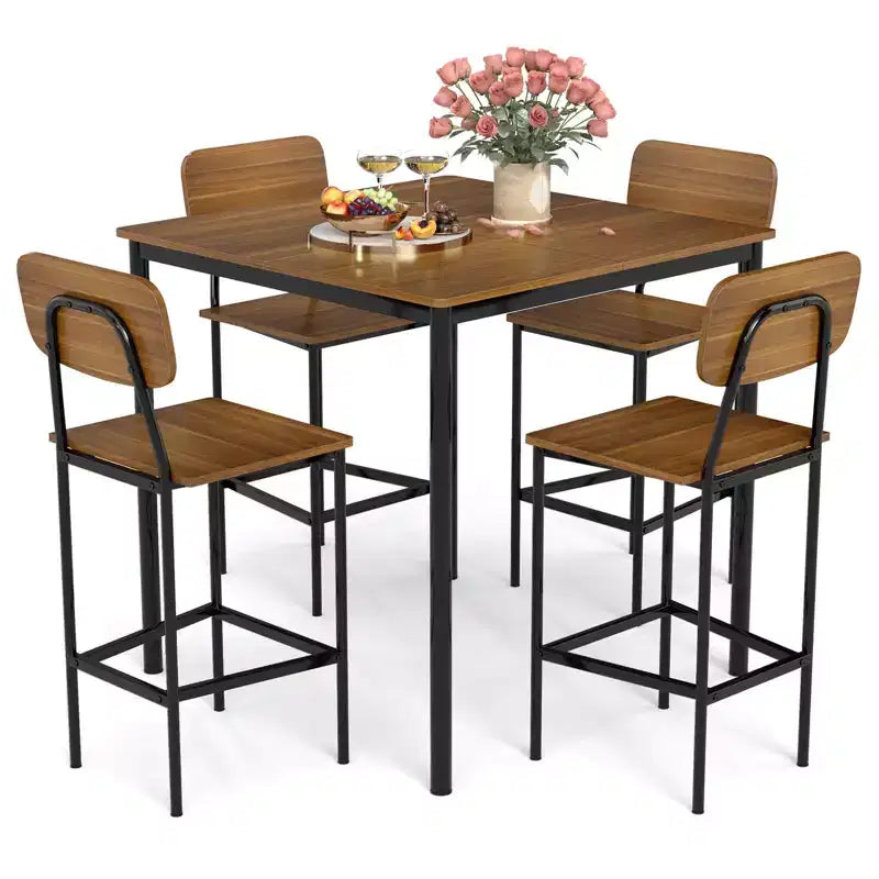 Set da pranzo 5 pezzi altezza bancone con tavolo e 4 sgabelli da bar – Nero / Marrone / Grigio / Noce, 4 posti a sedere