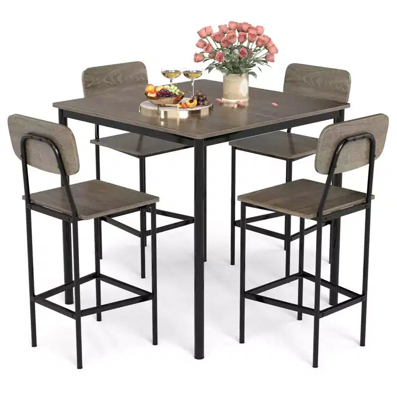 Set da pranzo 5 pezzi altezza bancone con tavolo e 4 sgabelli da bar – Nero / Marrone / Grigio / Noce, 4 posti a sedere