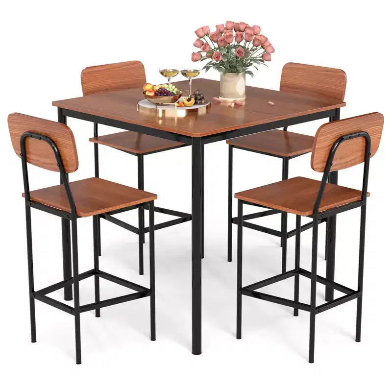 Set da pranzo 5 pezzi altezza bancone con tavolo e 4 sgabelli da bar – Nero / Marrone / Grigio / Noce, 4 posti a sedere